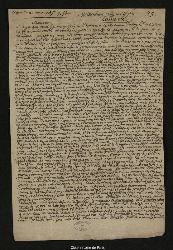 Lettre de Georg Matthias Bose à Joseph-Nicolas Delisle, Wittenberg, 15 avril 1745