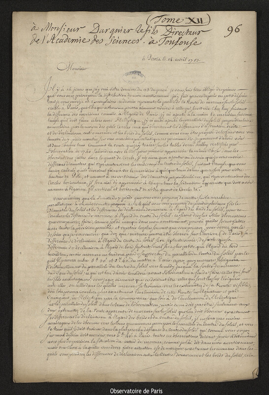 Lettre de Joseph-Nicolas Delisle à Augustin Darquier de Pellepoix, Paris, 14 avril 1753