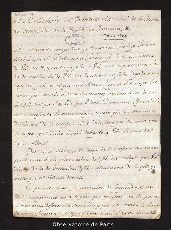 Lettre de Gabriel Ciscar à Méchain, Carthagène (Espagne) le 5 mai 1804