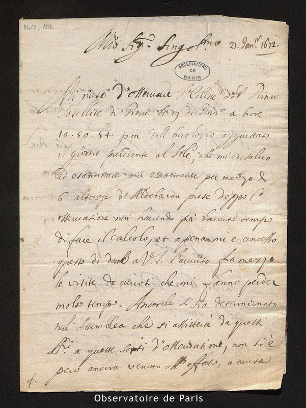 Lettre de Cassini I à Picard, Paris le 21 janvier 1672