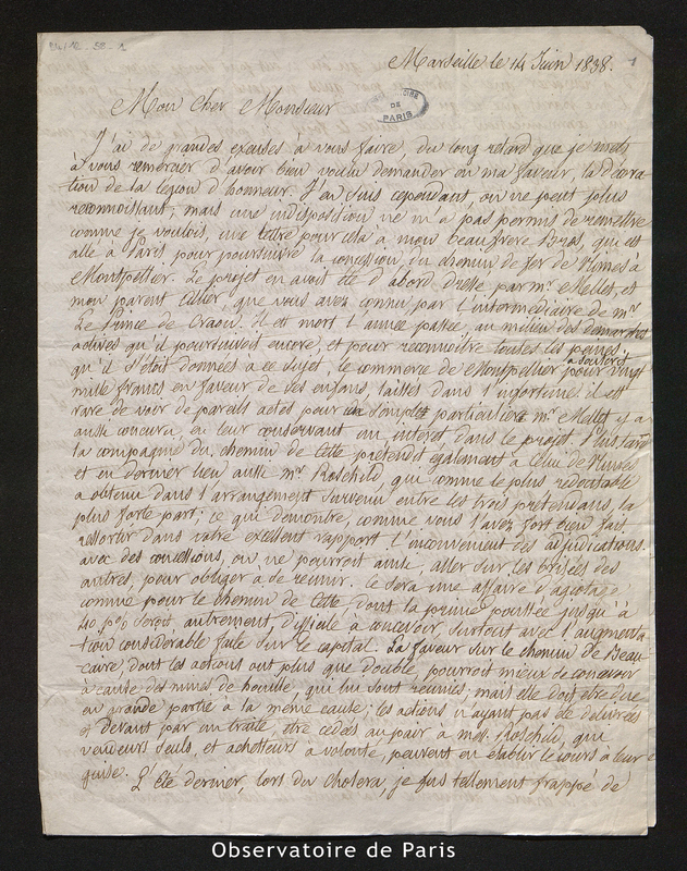 Lettre de Benj. Valz à François Arago, Marseille le 14 juin 1838