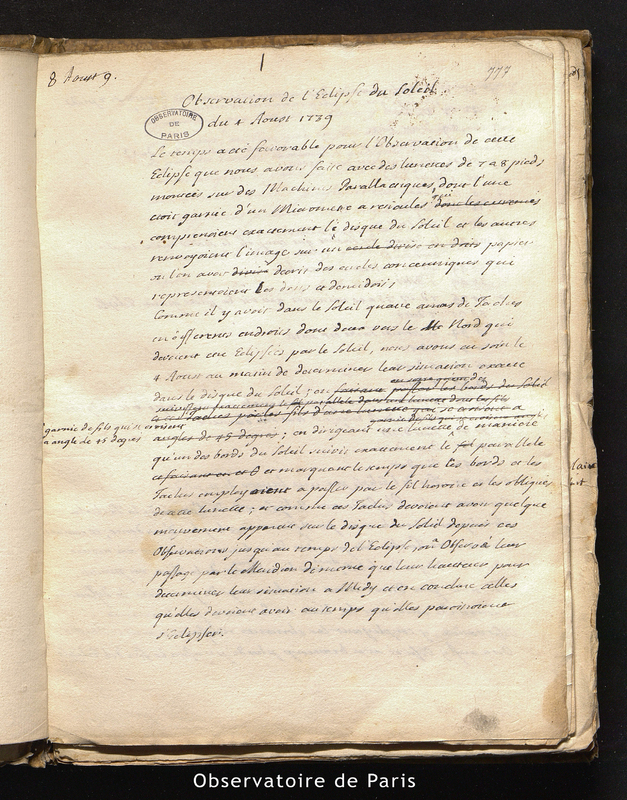 CASSINI II. Observations de l'éclipse du Soleil du 4 août 1739