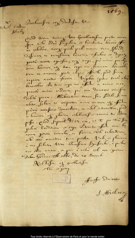 Lettre de Jan Heweliusz à Michael Kirsten, Gdansk, 28 novembre 1665