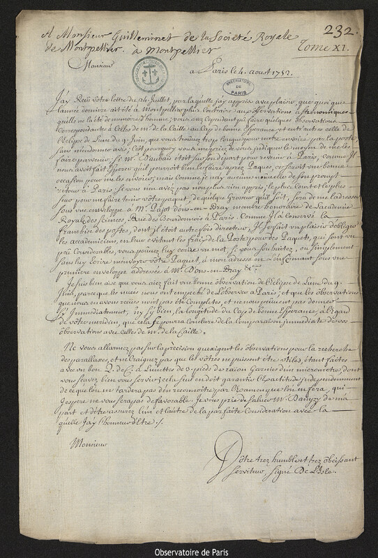 Lettre de Joseph-Nicolas Delisle à Pierre-François de Guilleminet, Paris, 4 août 1752