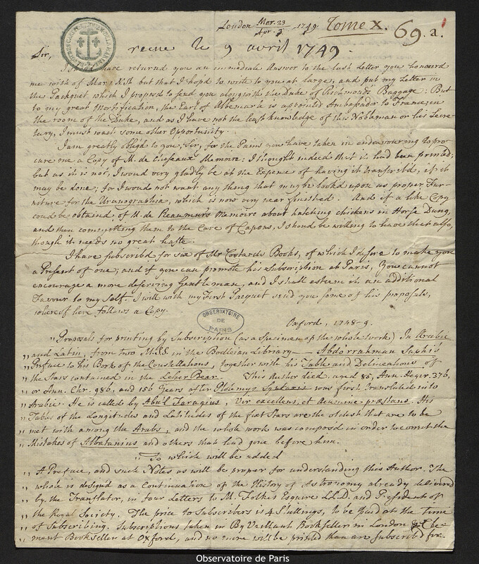 Lettre de Jean Bevis à Joseph-Nicolas Delisle, Londres, 3 avril 1749