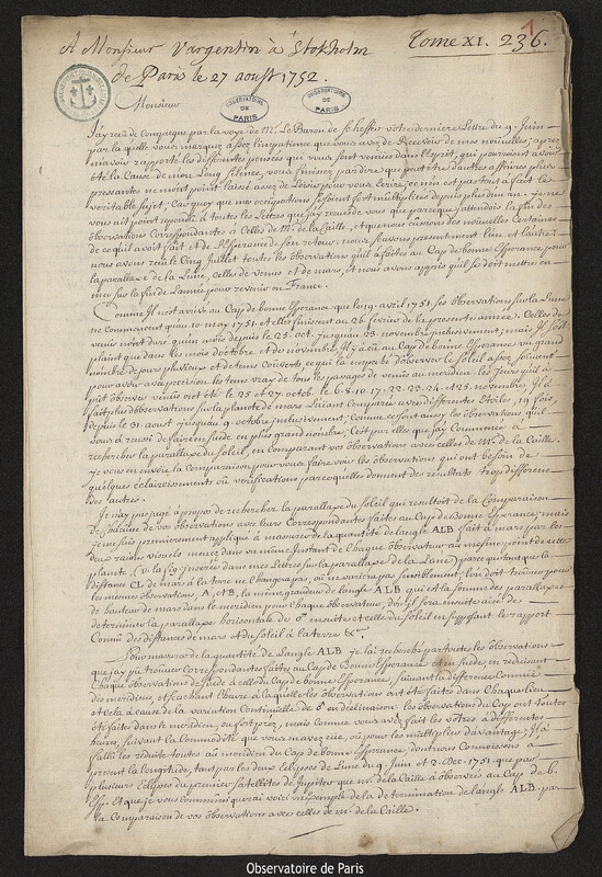 Lettre de Joseph-Nicolas Delisle à Pehr Wilhelm Wargentin, Paris, 27 août 1752