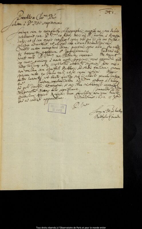 Lettre de Balthasar Conrad à Jan Heweliusz, Wroclaw, 15 décembre 1652