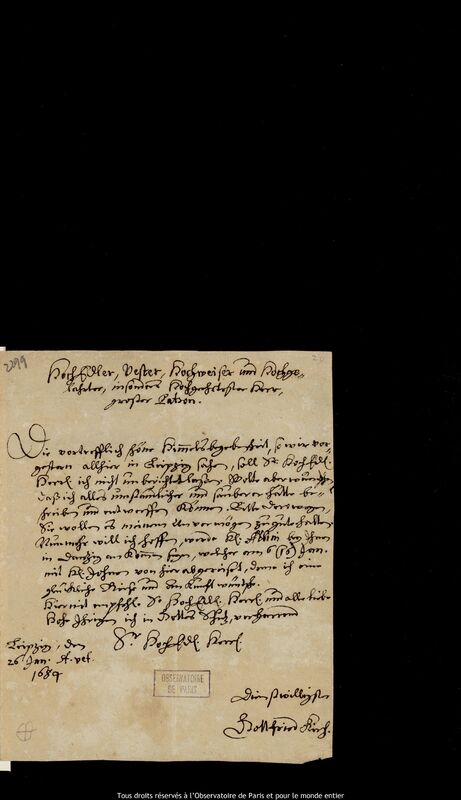 Lettre de Gottfried Kirch à Jan Heweliusz, Leipzig, 26 janvier 1684