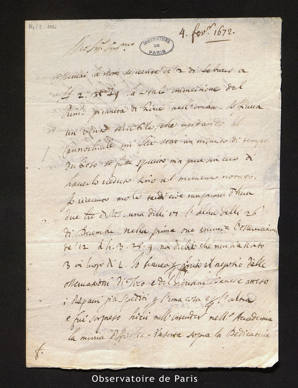 Lettre de Cassini I à Picard, Paris le 4 février 1672