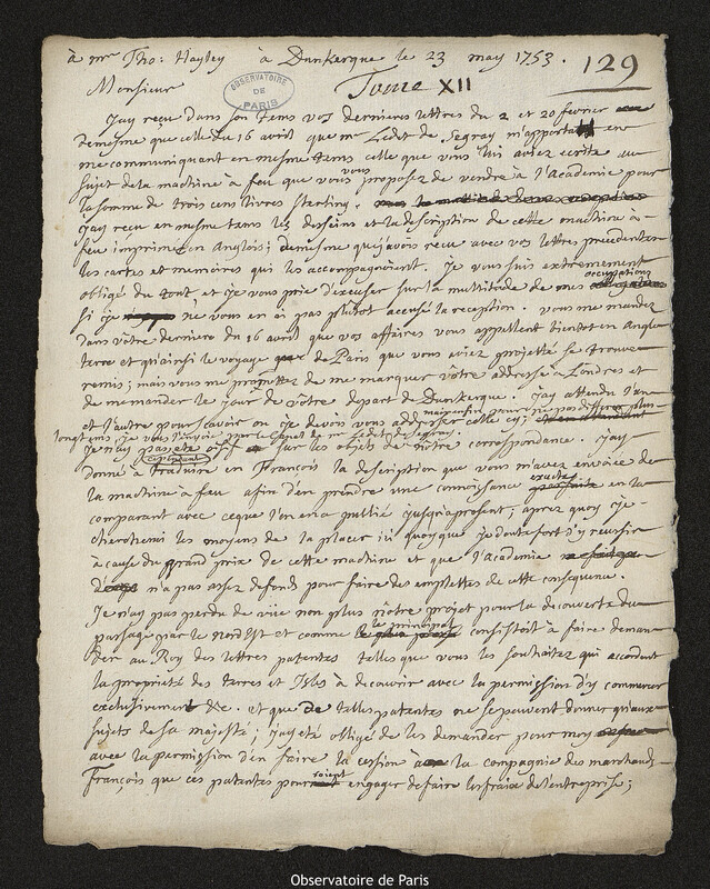 Lettre de Joseph-Nicolas Delisle à Thomas Hayley,Paris, 23 mai 1753