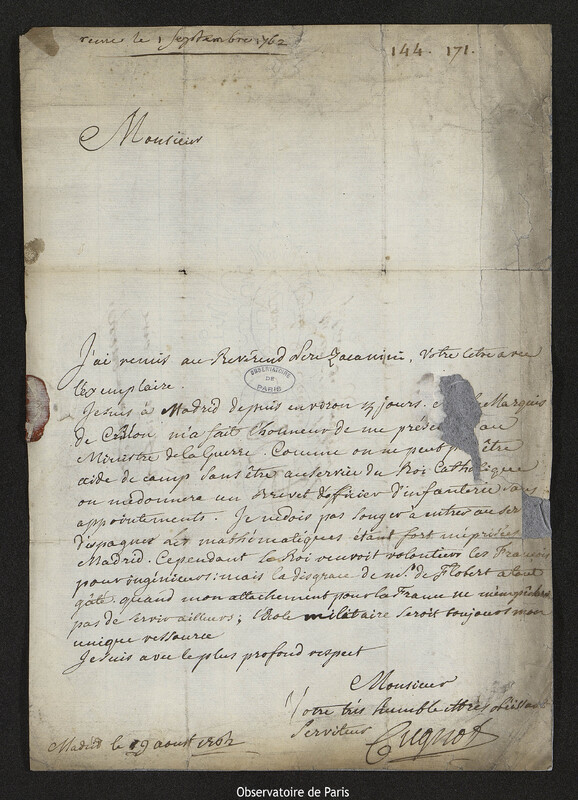 Lettre de Nicolas-Joseph Cugnot à Joseph-Nicolas Delisle, Madrid, 9 août 1762