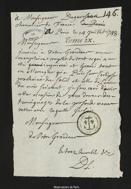 Lettre de Joseph-Nicolas Delisle à Henri-François d'Aguesseau, Paris, 14 juillet 1748