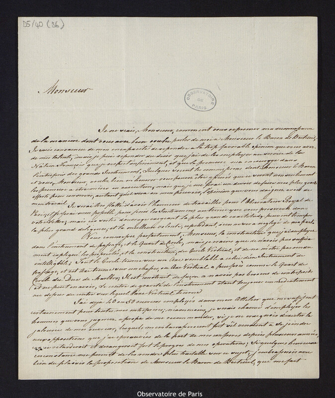 Lettre de Jesse Ramsden, opticien anglais, à Cassini IV, directeur de l'Observatoire, à Londres le 25 janvier 1788