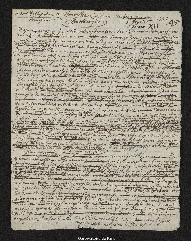 Lettre de Joseph-Nicolas Delisle à Thomas Hayley,Paris, 1 février 1753