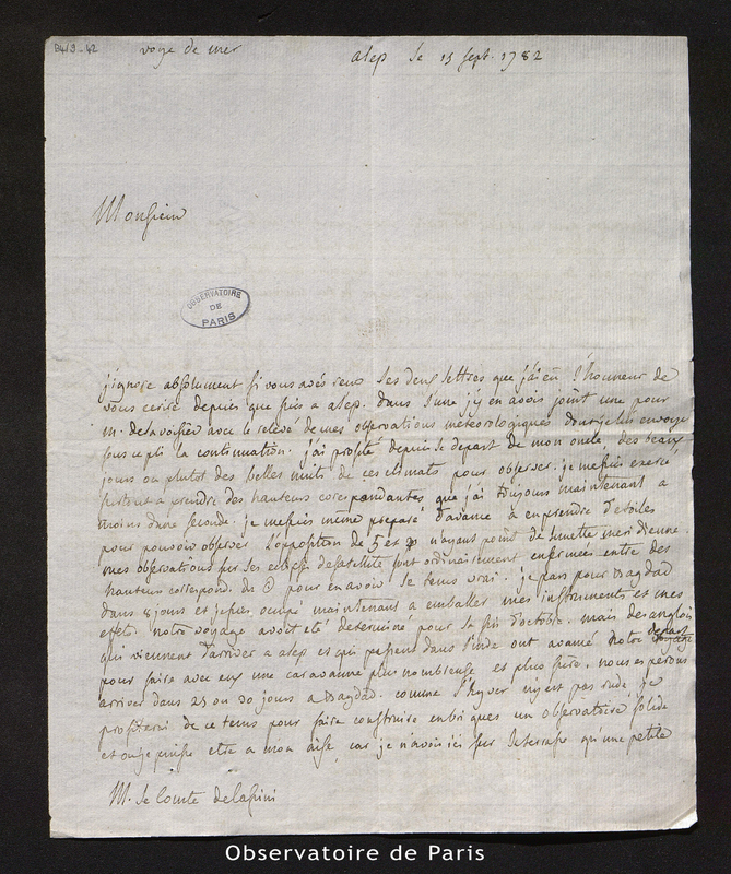 Lettre de Beauchamp à Cassini IV, Alep le 13 sept. 1782