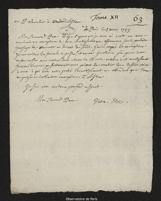 Lettre de Joseph-Nicolas Delisle à Jean Chevalier,Paris, 4 mars 1753