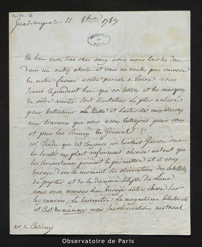 Lettre de Foulquier à Cassini [III ou IV], Guadeloupe le 11 octobre 1783