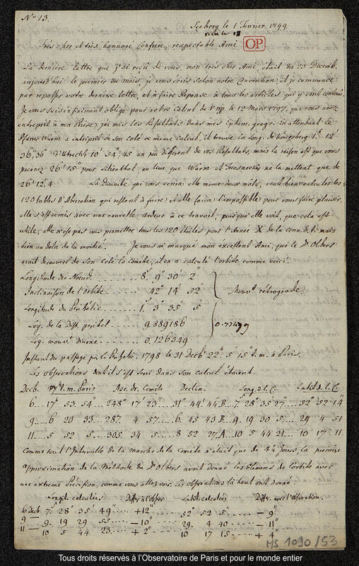 Lettre du baron Franz Xaver von Zach à Joseph Jérôme Le françois de Lalande Seeberg, 1er février 1799