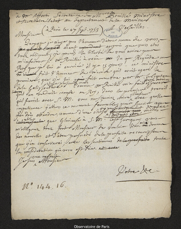 Lettre de Joseph-Nicolas Delisle à Afforti, Paris, 27 septembre 1753