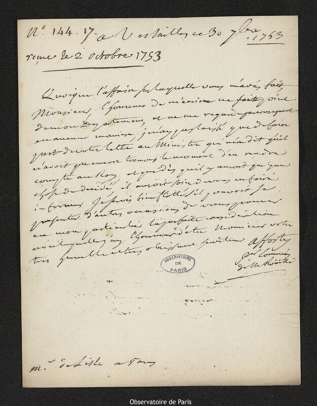 Lettre de Antoine Louis Rouillé à Joseph-Nicolas Delisle, Versailles, 30 septembre 1753