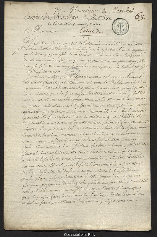 Lettre de Joseph-Nicolas Delisle à comte Samuel de Schmettau, Paris, 15 mars 1749