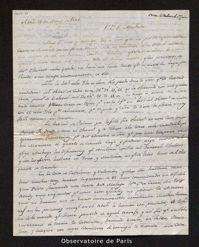 Lettre de Felipe Bauzá à Méchain, Madrid le 25 mai 1804