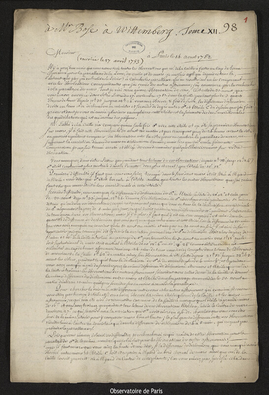 Lettre de Joseph-Nicolas Delisle à Georg Matthias Bose, Paris, 14 août 1752