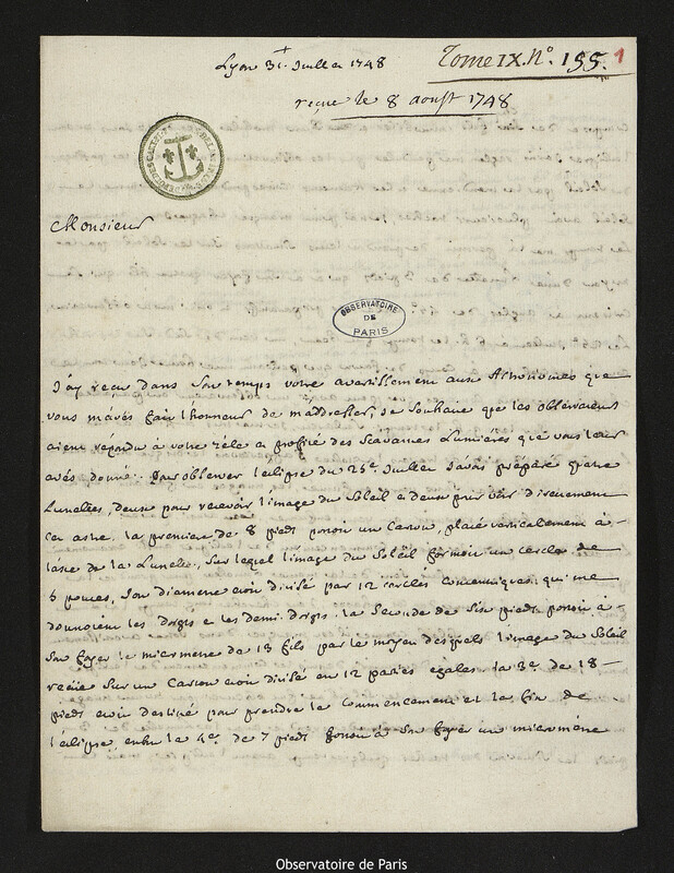 Lettre de Laurent Béraud à Joseph-Nicolas Delisle, Lyon