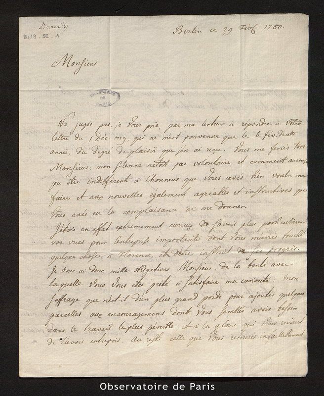 Lettre de Bernoulli à Cassini IV, Berlin le 29 février 1780