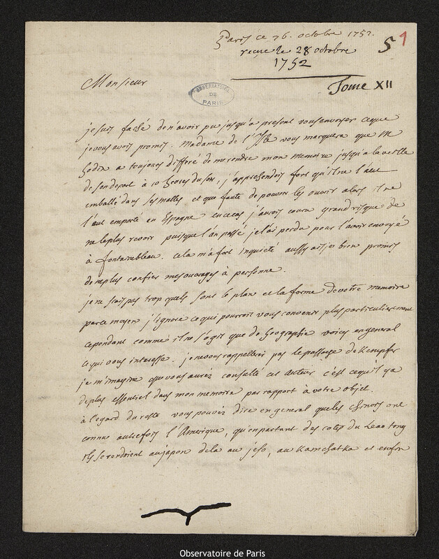 Lettre de Joseph de Guignes à Joseph-Nicolas Delisle, Paris, 26 octobre 1752