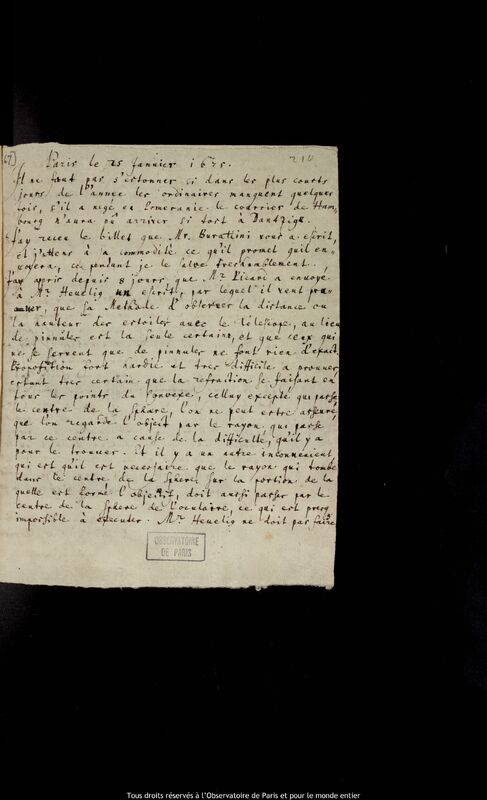 Lettre d'Ismaël Boulliau à Pierre Des Noyers, Paris, 25 janvier 1675