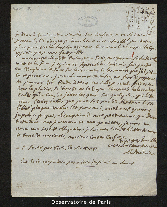 Lettre de Le Monnier, St Sever le 26 octobre 1787