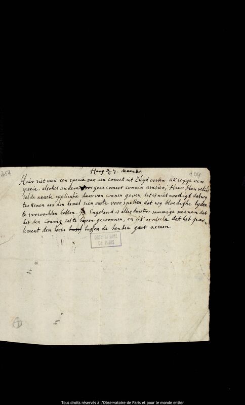 Lettre d’un auteur non identifié à un destinataire non identifié, La Haye, 7 décembre 1680