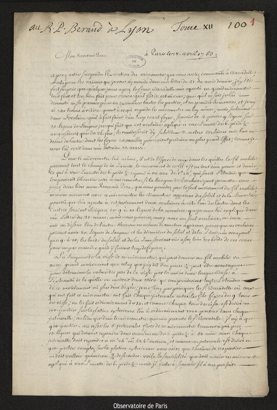 Lettre de Joseph-Nicolas Delisle à Laurent Béraud, Paris, 18 avril 1753