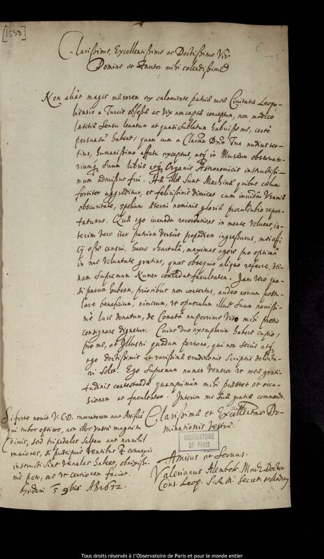 Lettre de Waleryan Alembek à Jan Heweliusz, Gdansk, 5 novembre 1672