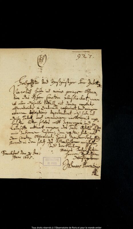 Lettre de Johannes Placentinus à Jan Heweliusz, Francfort-sur-l'Oder, 30 janvier 1665