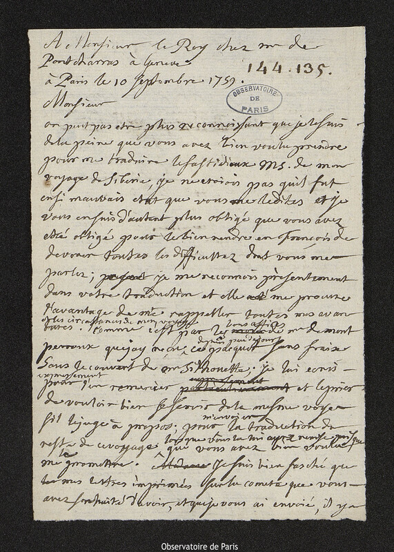 Lettre de Joseph-Nicolas Delisle à Pierre-Louis Le Roy, Paris, 10 septembre 1759