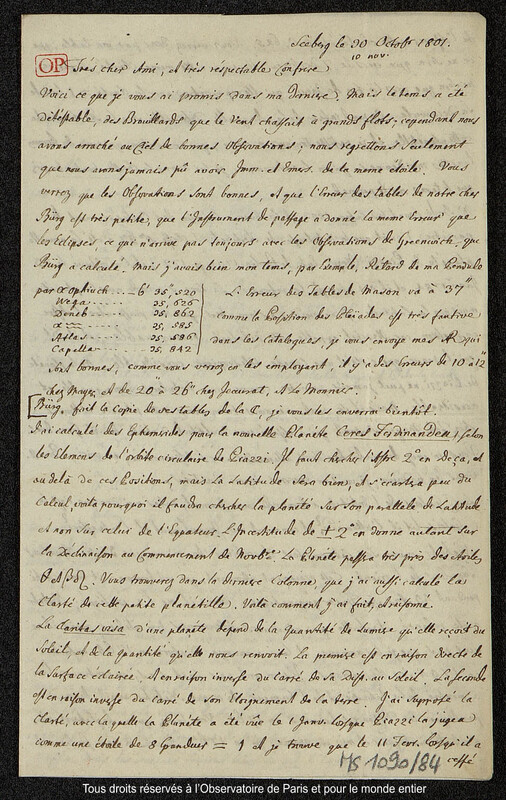 Lettre du baron Franz Xaver von Zach à Joseph Jérôme Le françois de Lalande Seeberg, 20 octobre 1801