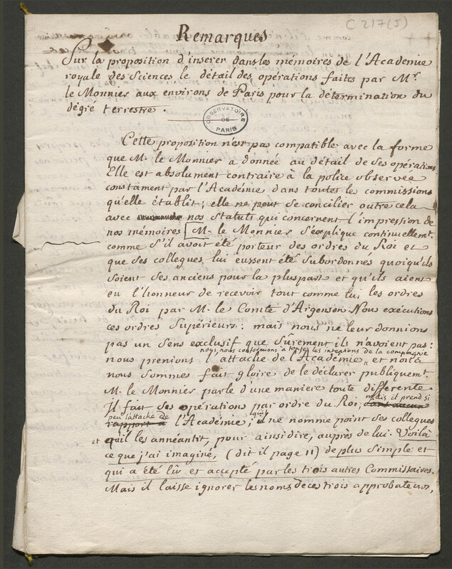 Remarques sur la proposition d'insérer dans les mémoires de l'Académie royale des sciences le détail des opérations faites par monsieur Le Monnier aux environs de Paris pour la détermination du degré terrestre