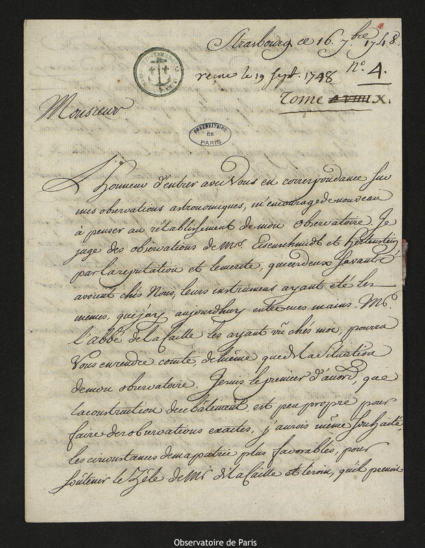 Lettre de Jean Jérémie Brackenhoffer à Joseph-Nicolas Delisle, Strasbourg, 16 juillet 1748