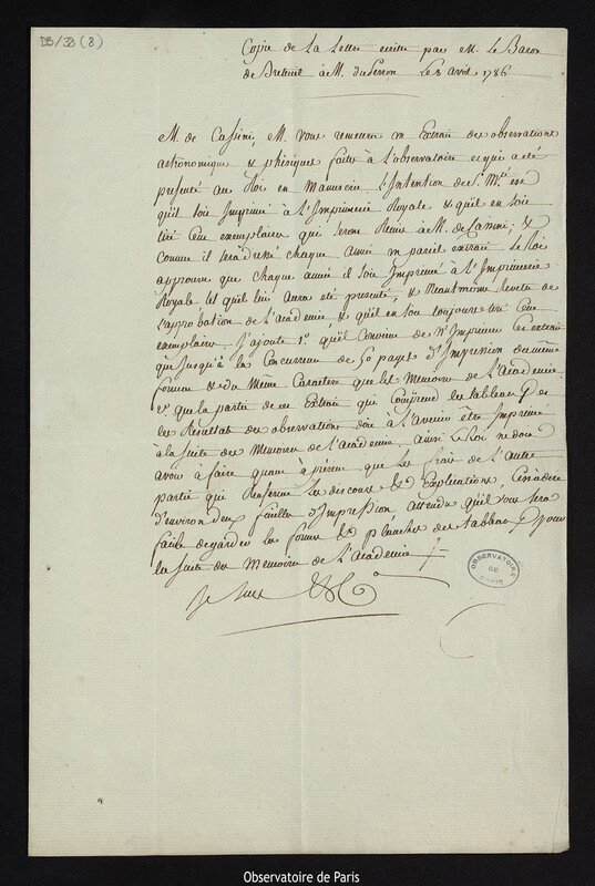 Copie d'une lettre de M. le Baron de Breteuil à M. du Perron, 8 avril 1786