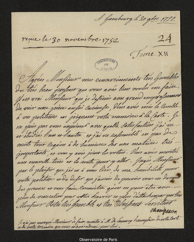 Lettre de Gérard Lévesque de Champeaux à Joseph-Nicolas Delisle, Hambourg, 20 novembre 1752