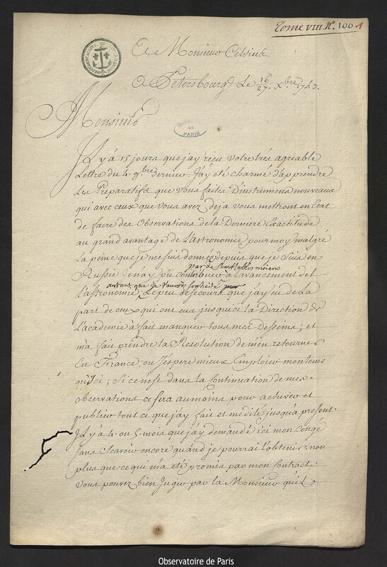 Lettre de Joseph-Nicolas Delisle à Anders Celsius, Saint-Pétersbourg, 27 décembre 1743