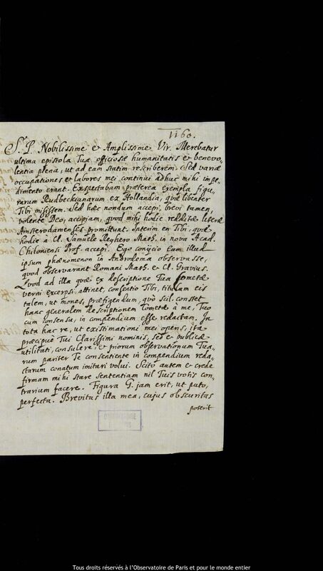 Lettre de Stanislaw Lubieniecki à Jan Heweliusz, Hambourg, 2 novembre 1666