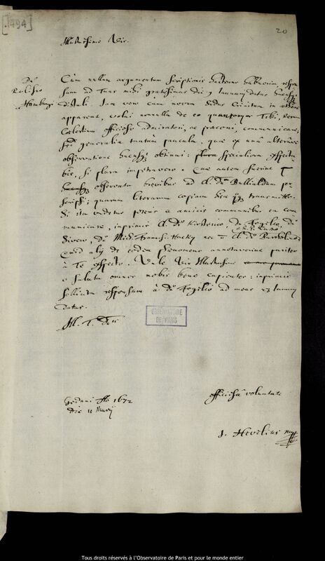 Lettre de Jan Heweliusz à Stanislaw Lubieniecki, Gdansk, 11 mars 1672