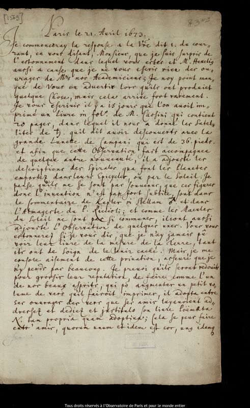 Lettre d'Ismaël Boulliau à Pierre Des Noyers, Paris, 21 avril 1673