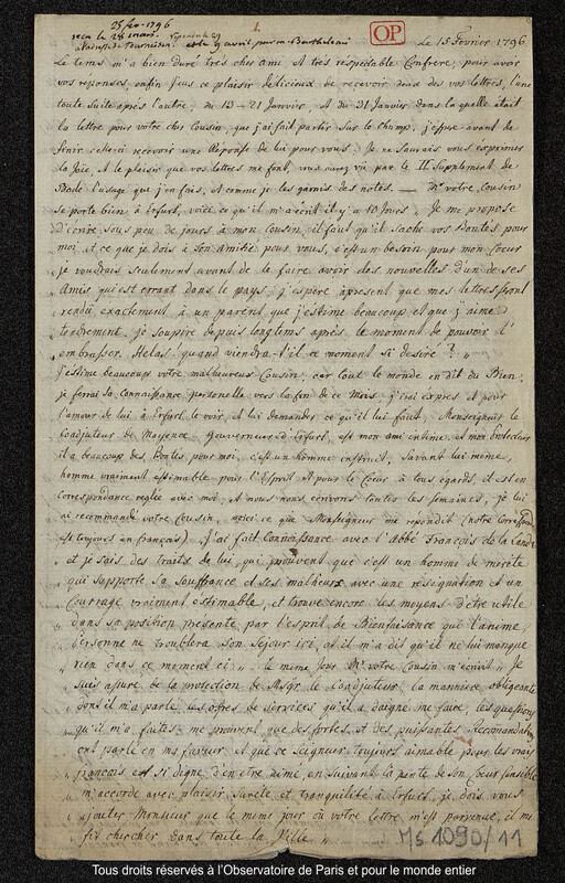 Lettre du baron Franz Xaver von Zach à Joseph Jérôme Le françois de Lalande [Gotha], 25 février 1796