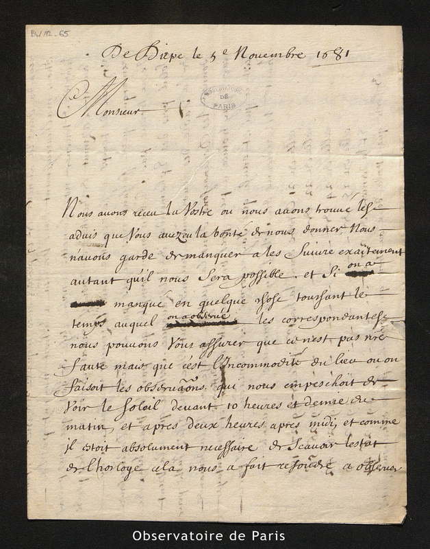 Lettre de Varin à [Cassini I], Dieppe le 5 novembre 1681