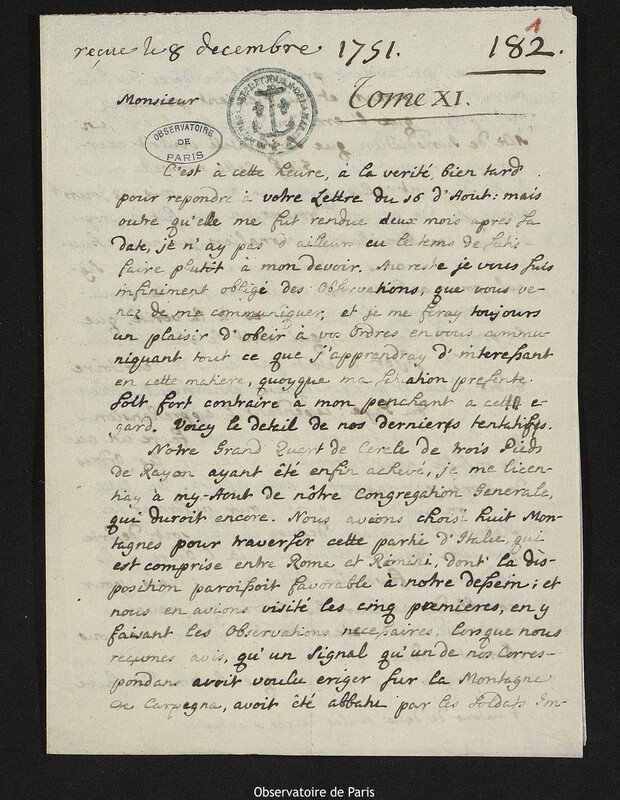 Lettre de Christopher Maire à Joseph-Nicolas Delisle, Rimini, 11 novembre 1751