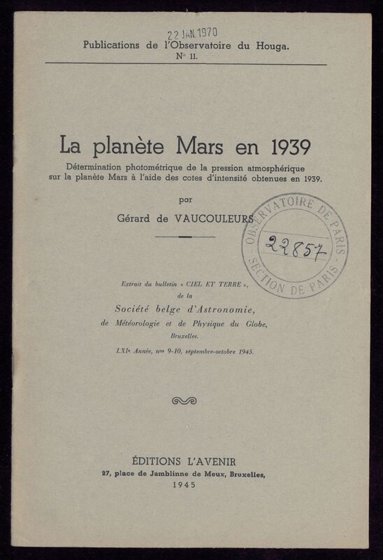 (1945 bis) Publications de l'Observatoire du Houga (Gers)